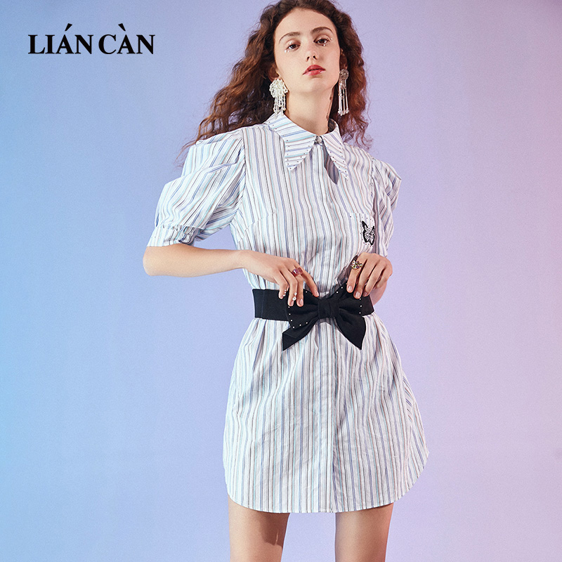 莲灿2023春夏新减龄百搭衬衫裙梭织连衣裙 蓝白 s