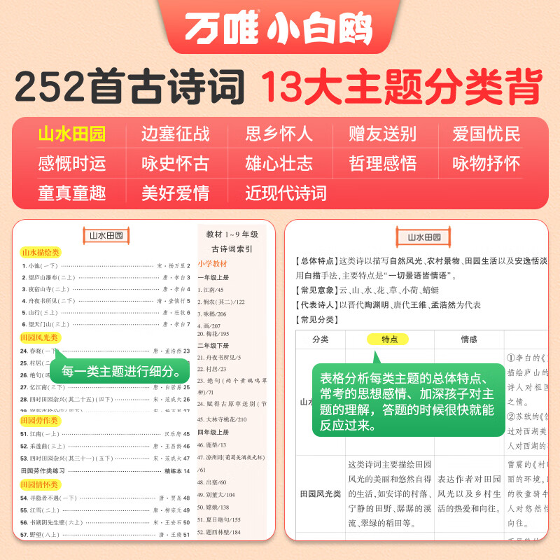 万唯小白鸥2025小升初古诗词252首小学生必背古诗词大全翻译人教版四五六年级语文阅读同步练习专项训练小古文唐诗宋词含75首 小学通用 【古诗词】252首 | 分类记背 精讲精练
