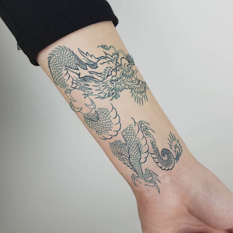 千色集青龙苍龙纹身贴纸割线此案条防水男女款胸背龙图腾花臂刺青贴