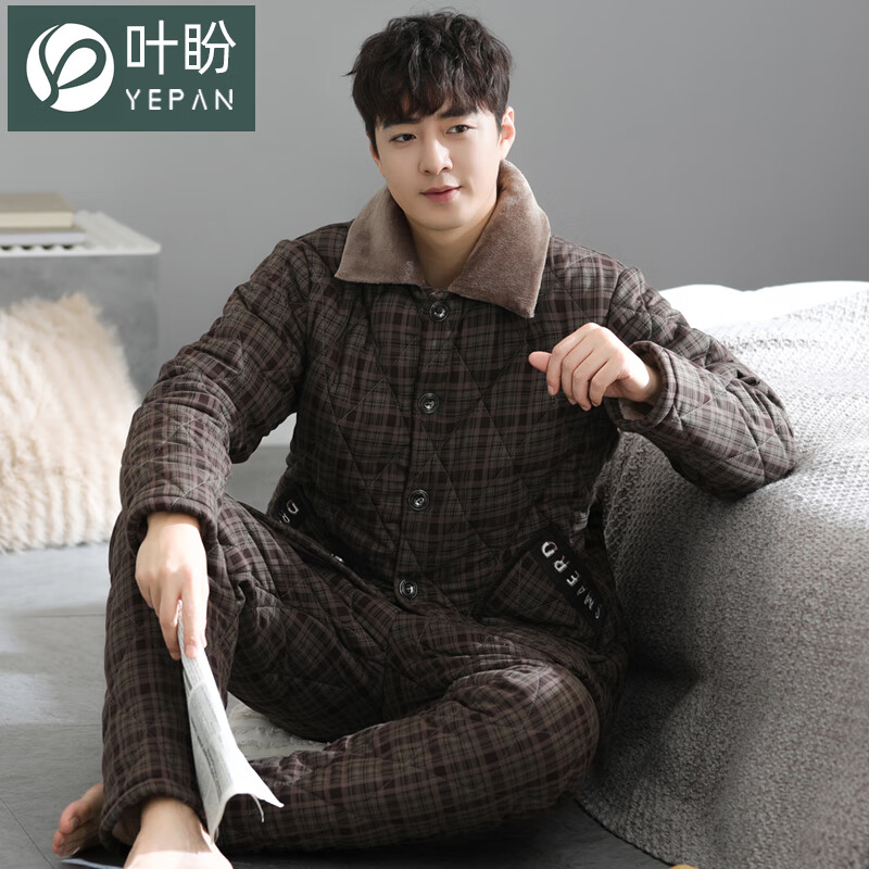 叶盼（yepan）【保暖】梭织纯棉睡衣男士冬季三层夹棉加绒加厚法兰绒家居服套装 68010-铁黑 L (170) ：建议120-140斤穿着