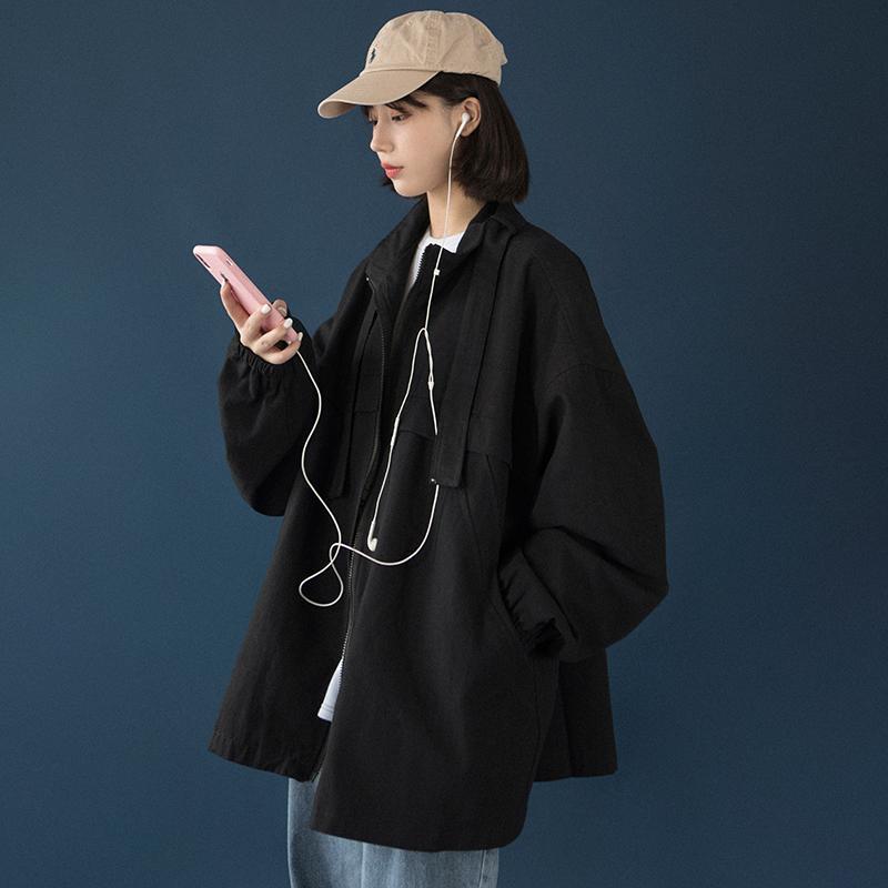 春秋女上衣外套ins盐系黑色韩版潮流宽松学生立领bf时尚工装夹克 黑色