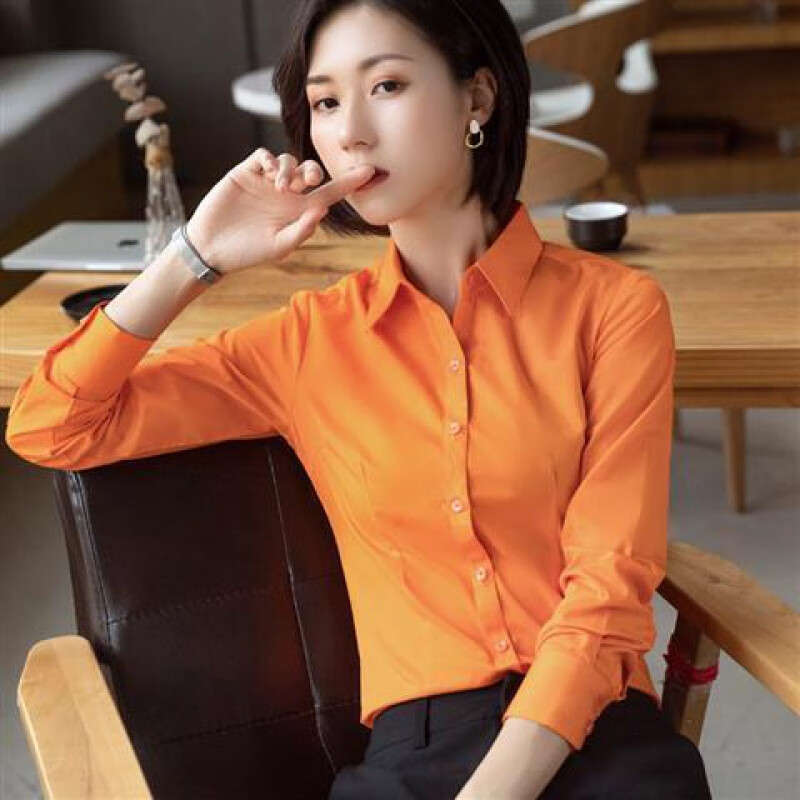 楠语秋(nanyuqiu)橙色衬衫男女同款长袖职业装橘色正装白衬衣银行工作