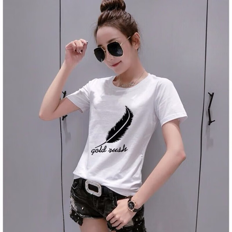 万派摩棉短袖t恤女2024宽松显瘦上衣女士大码女装夏季 白色 羽毛 s