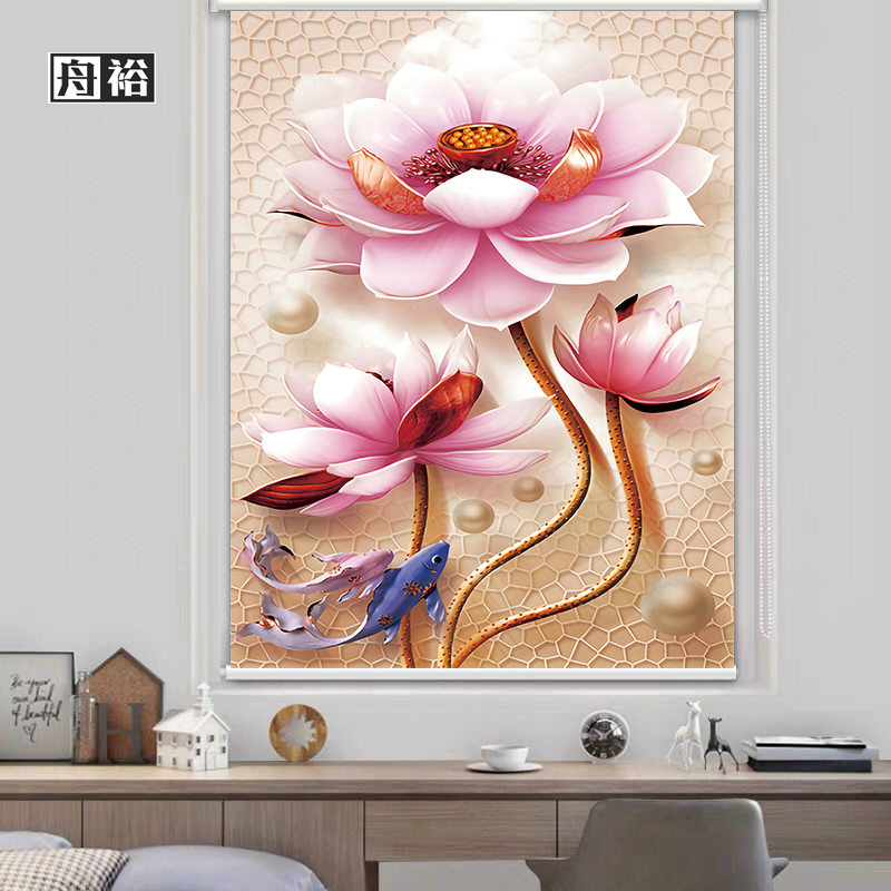 舟裕 免打孔定制卷帘玉兰花卫生间防水防油家用遮光遮阳手拉升降窗帘 花卉07 涨紧式免打孔/平方