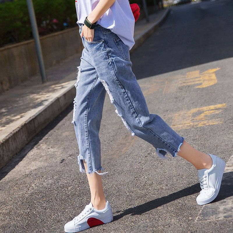 晟侠热天夏天穿的牛仔裤女紧身破洞牛仔裤女宽松乞丐九分薄款哈伦裤20