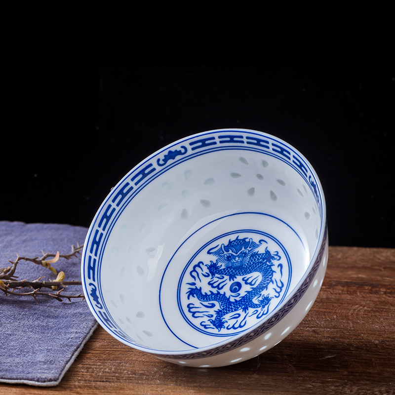 瑾睿茗瓷工藝玲瓏碗透光米飯碗青花瓷陶瓷餐具中式復古青花 老式龍紋4點(diǎn)5英寸單個(gè)