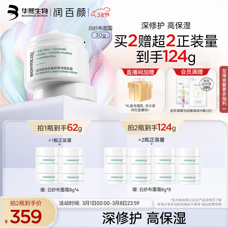 润百颜玻尿酸屏障调理白纱布面霜30g敏肌修护面霜护肤品礼物送女友