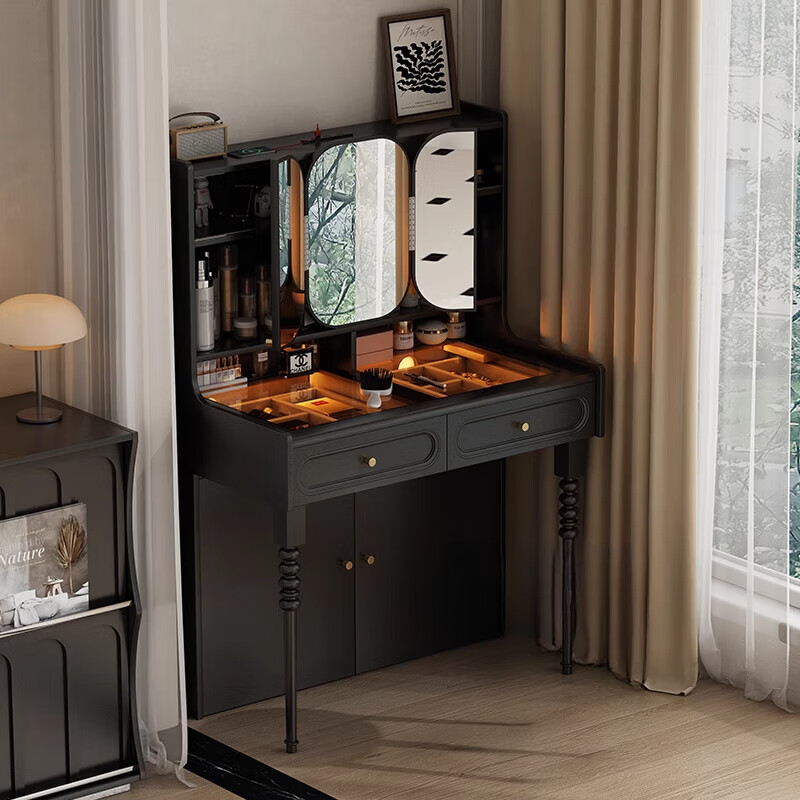 诗亭坊梳妆台卧室隐藏镜子中古风隐藏式化妆镜梳妆台70公分主卧黑色