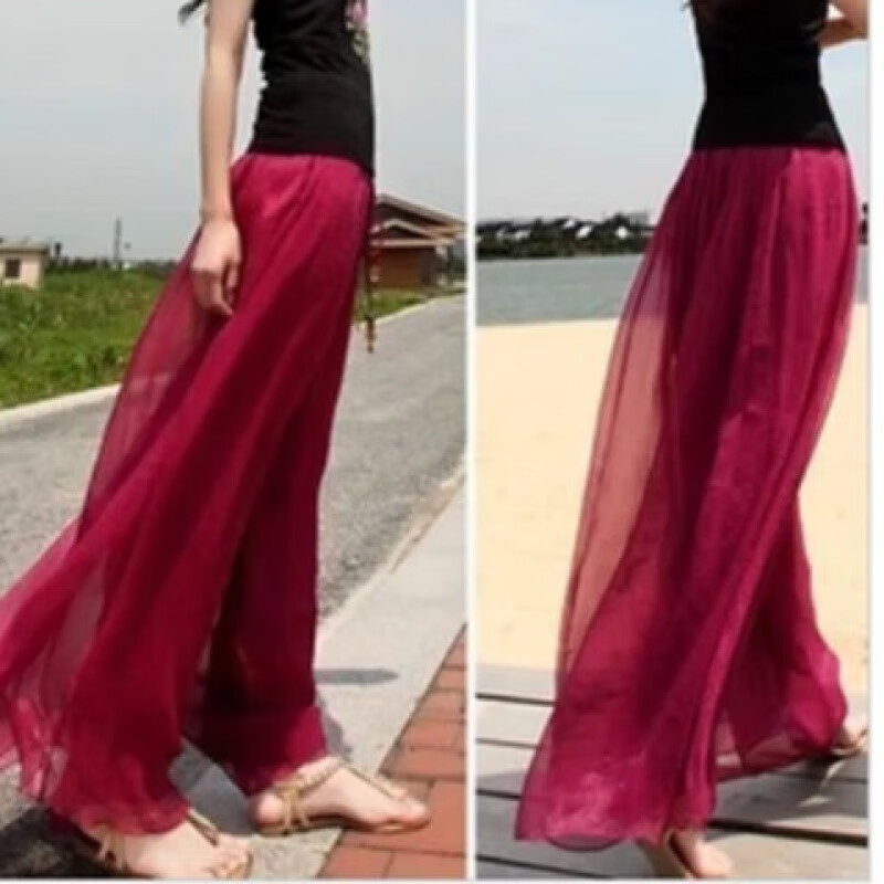 亚永凌沙滩裤海边度假宽松显瘦高腰裙裤金丝雪纺裤裙阔腿裤女夏长裤