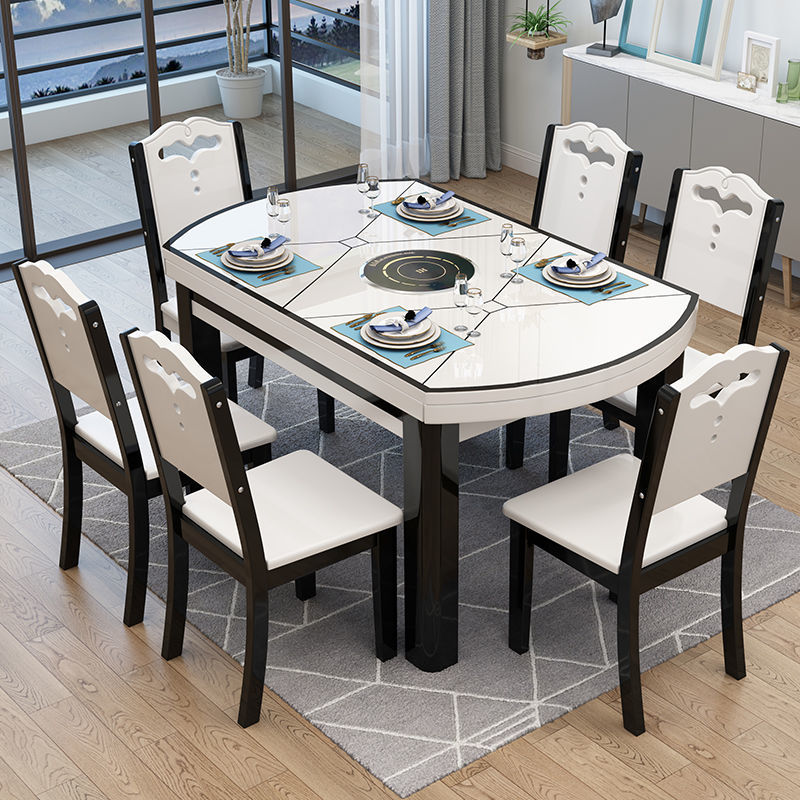 缦宛木钢化玻璃餐桌椅组合现代简约可伸缩折叠家用小户型带电磁炉桌子