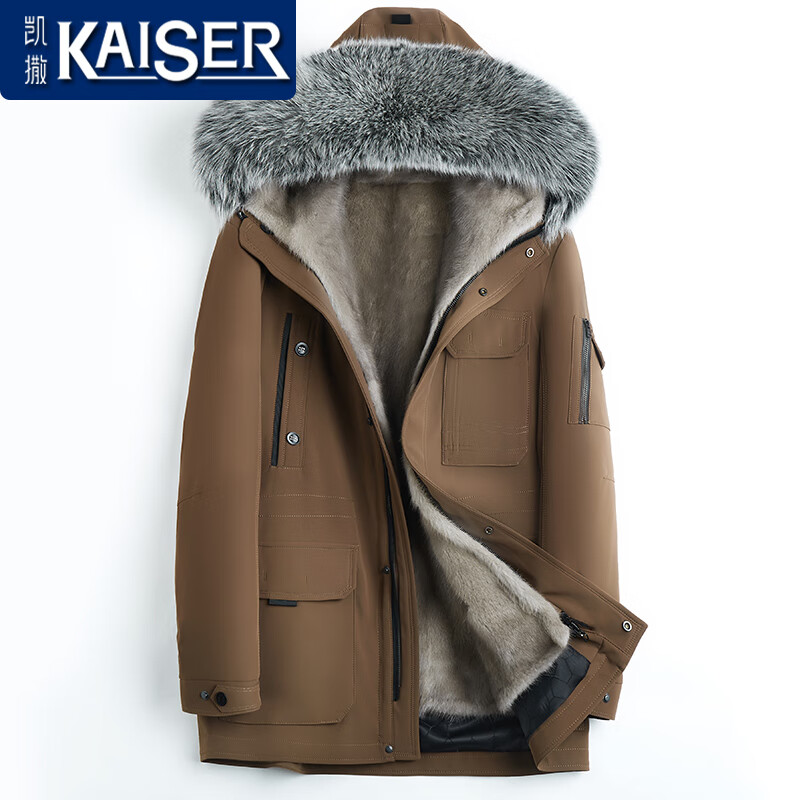 凱撒（KAISER）水貂內(nèi)膽尼克服男中長款連帽整貂派克服皮毛一體貂皮大衣冬季厚款 銀藍(lán)整貂內(nèi)膽 175/XL 適合體重130-145斤