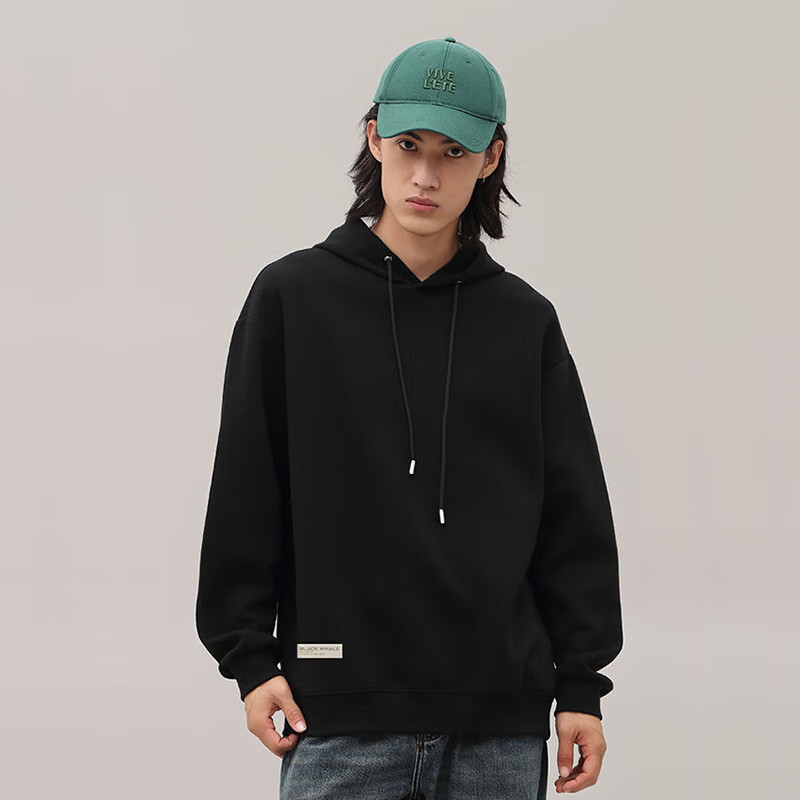 黑鲸海澜之家旗下潮牌卫衣男秋季大码宽松套头帽衫连帽外套 黑 M