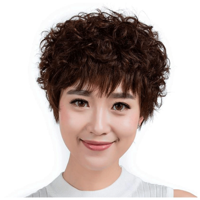 天使丝丝 假发套女烫发 假发女短发纹理短卷发蓬松 中老年妈妈 小卷深