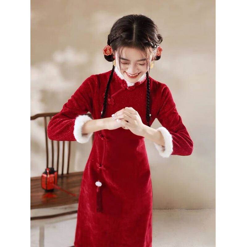 女冬季敬酒服新娘订婚礼服加厚新年战袍过年小袄拜年 酒红色-传统旗袍