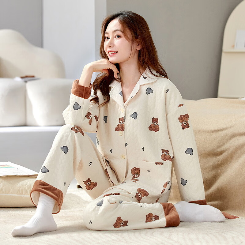 京霆睡衣女秋冬季新款空气棉夹层加厚保暖舒适甜美可爱卡通女士家居服