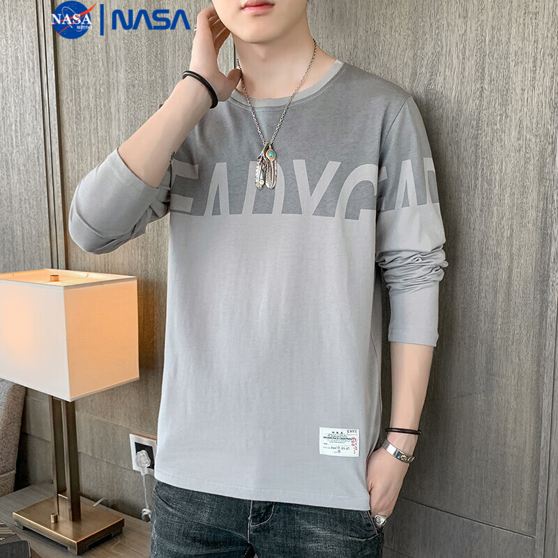 NASAMITOO纯棉拼色长袖T恤男士2024秋季新款休闲简约百搭圆领上衣 浅灰色 XL