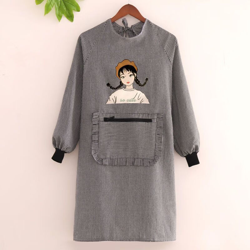 kmka罩衣女士新款外穿干活 洋气纯棉长袖女家用厨房围裙可爱做饭耐脏