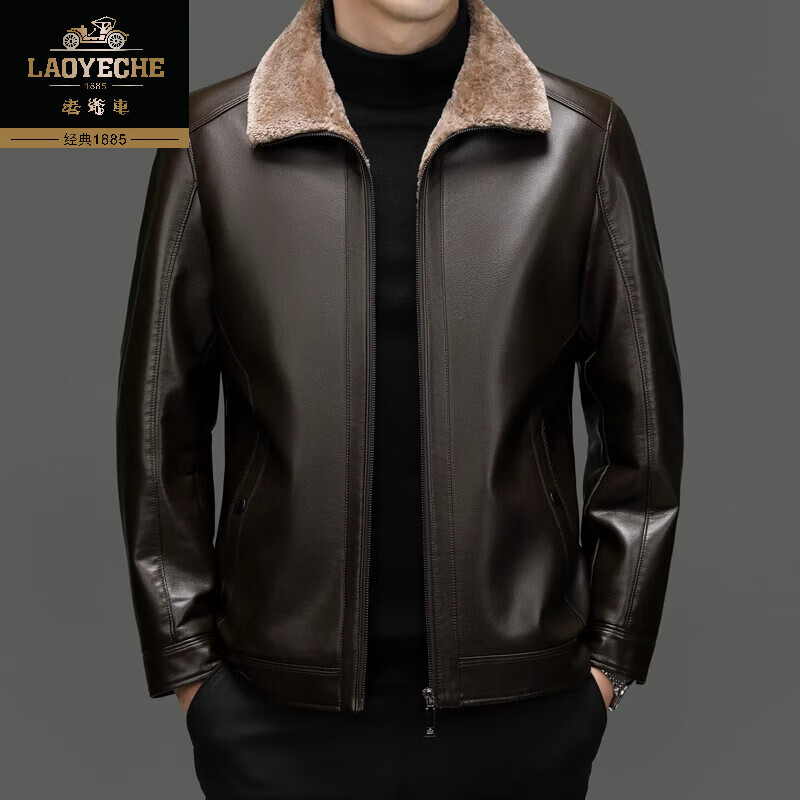 老爷车皮毛一体真皮皮衣男秋冬中老年爸爸加绒加厚海宁绵羊皮夹克外套