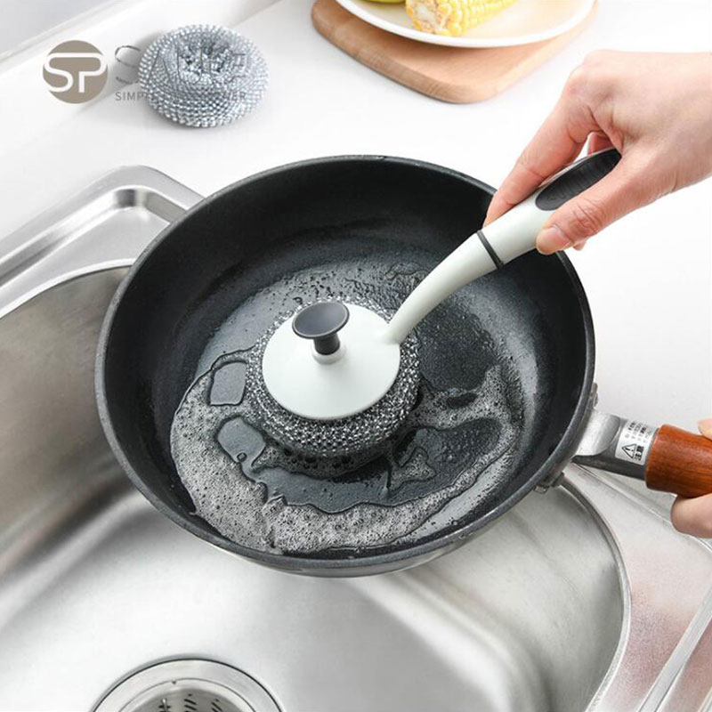 SP SAUCE洗碗刷锅神器厨房可替换清洁球刷长柄刷带手柄仿钢丝球清洁刷子 锅刷1个+替换刷头（3个装）