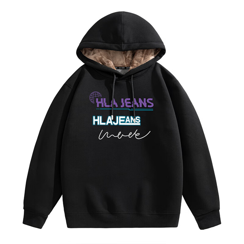 黑鲸海澜之家旗下潮牌加绒加厚连帽卫衣男秋冬季百搭带帽外套 黑 L