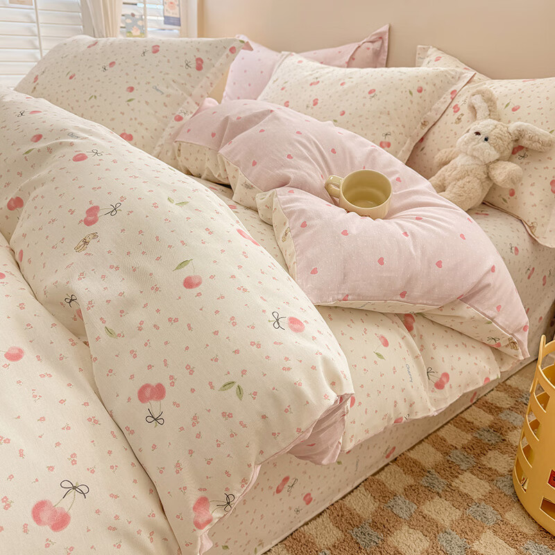猫人（MiiOW）床上四件套纯棉全棉2025新款水洗棉床单笠被套宿舍三件套床品 樱桃甜宠【100%精梳新疆全棉 亲肤细腻】 床单款 1.8m床四件套-适合200x230cm被子