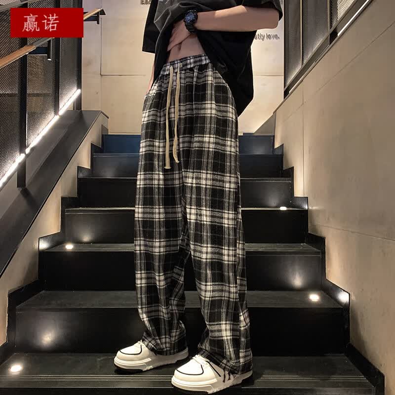 赢诺（yingnuo）美式复古格子裤子男款夏季薄款慵懒坠感直筒阔腿黑白大码休闲长裤 黑白格 2XL高性价比高么？