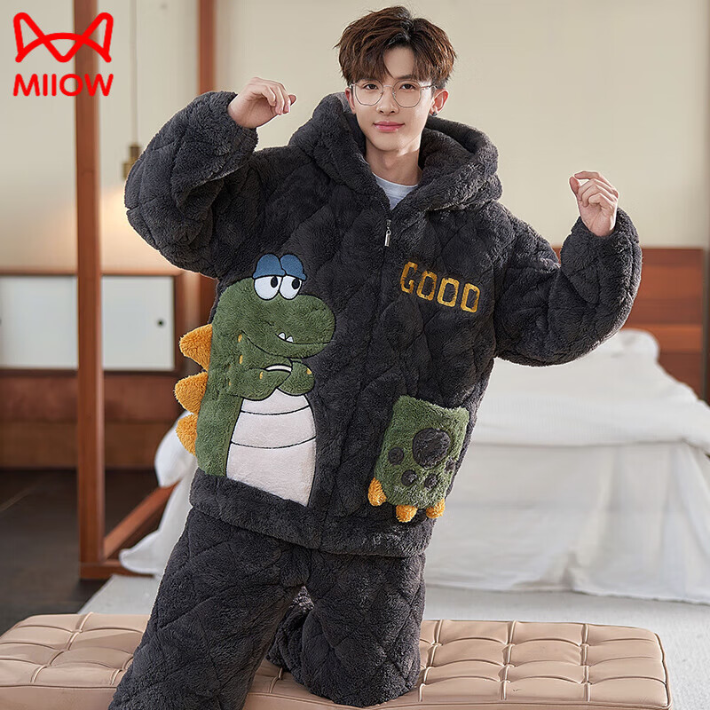 貓人（MiiOW）湖南省服珊瑚絨三層夾棉睡衣男春秋冬季加厚2024新款青少年連帽家 90223 L [100-135斤]