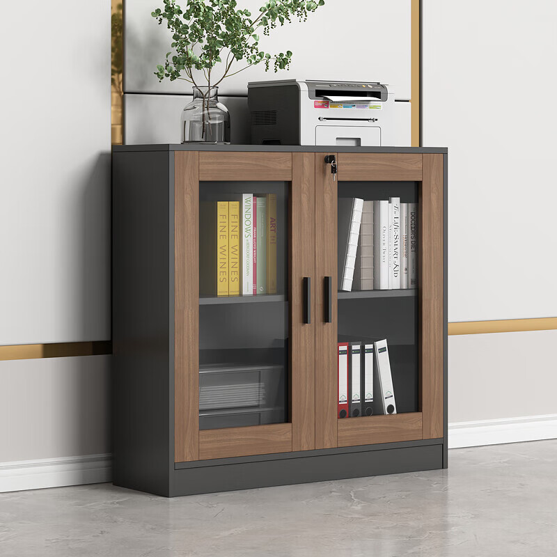 物柜玻璃柜门办公室员工带锁资料柜茶水柜文件柜 木框玻璃门2门矮柜0