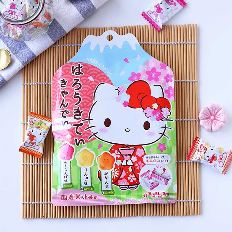 日本进口扇雀饴糖果hellokitty凯蒂猫三种类樱花水果糖味硬糖65g 一袋