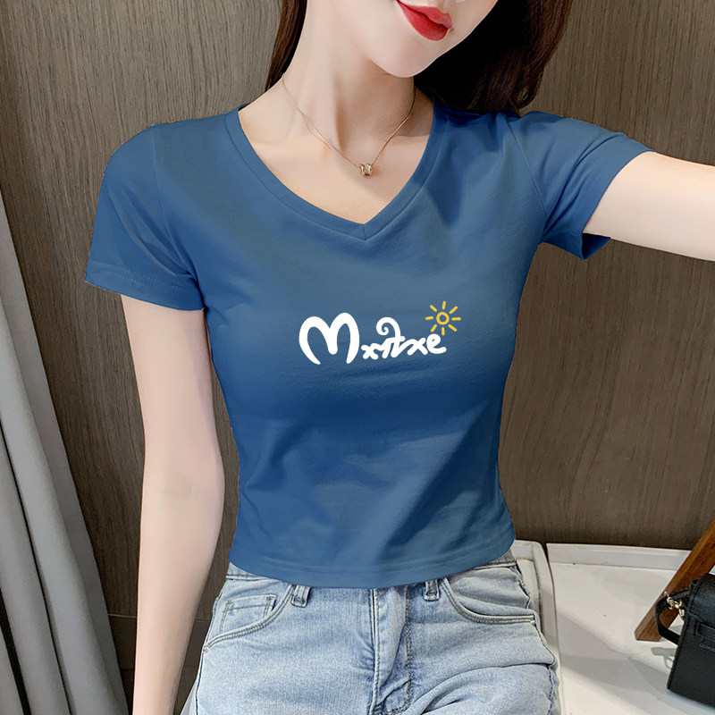 德朔新款夏天露脐t恤衫短款t恤女露脐上衣高腰修身短袖鸡心领夏季新款