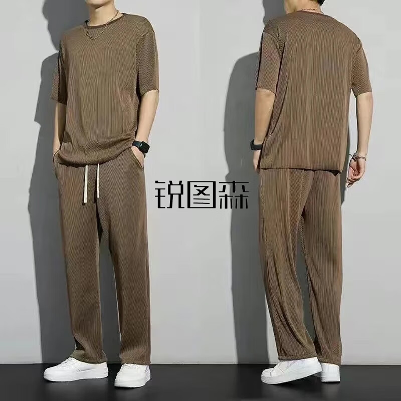 锐图森热销爆款冰丝罗纹套装夏季冰丝运动套装男垂感速干短袖长裤两件套 黑色 XL（建议110-130斤）