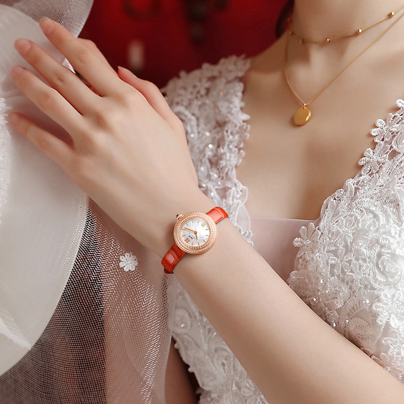 爱沃驰瑞士达芬奇系列璀璨星空轻奢石英手表女士表七夕生日礼物送女友 玫壳白盘|红皮带