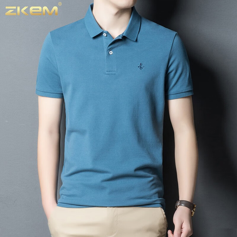 ZKEM奢侈高端品牌男装商务休闲衫短袖t恤男士衣服体恤纯棉百搭 蓝色 170/M