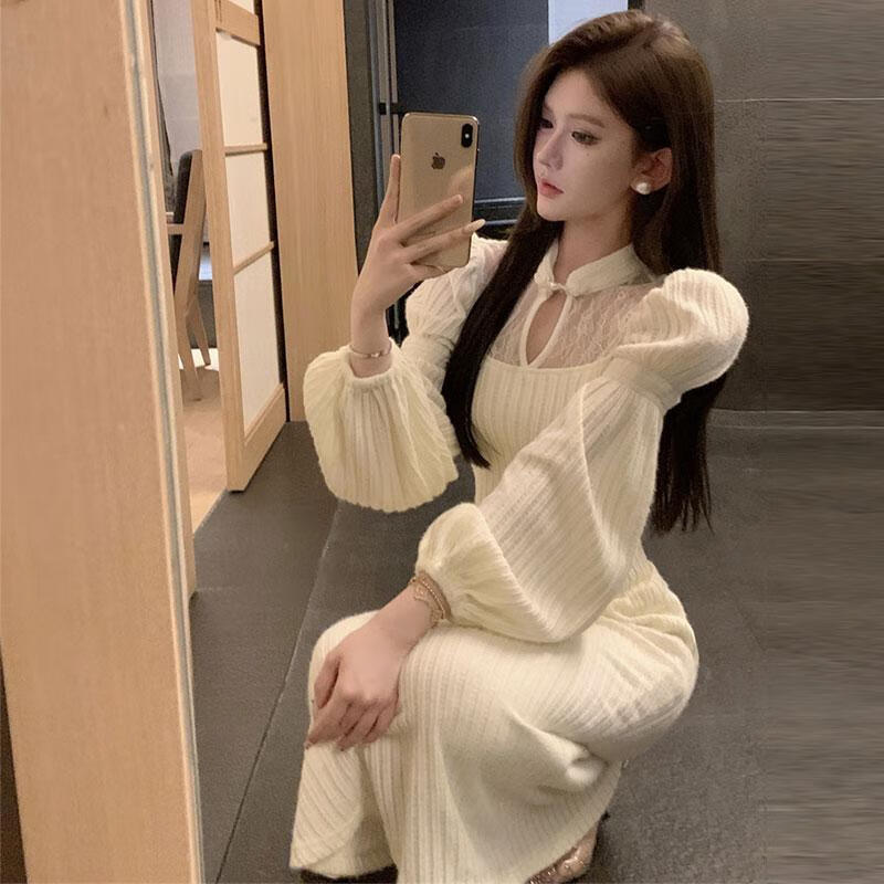 雷黛茜新中式国风名媛御姐感改良旗袍修身包臀针织连衣裙女秋冬 主图款 S 【建议80-95斤】