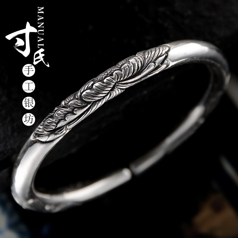大理s999苍山雪花银牡丹花高端手工艺定制圆柱形雕花复古银手镯 约56