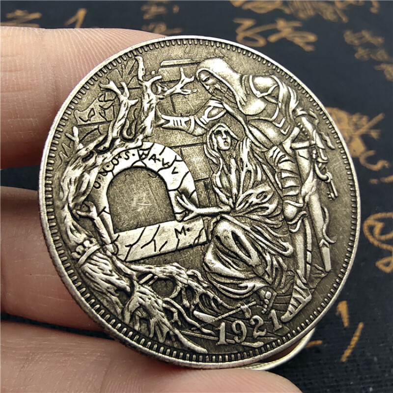 机关硬币1921圣杯流浪币骑士拔剑机关币 外国硬币仿古镀银铜币复古钱币 复古银 骑士币