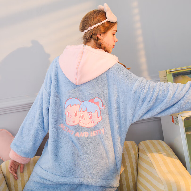 芬腾连体珊瑚绒睡衣女可外穿秋冬加绒加厚新款家居服连帽法兰绒后拉链 S