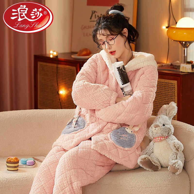 浪莎睡衣女冬季三层夹棉袄加厚加绒珊瑚绒保暖法兰绒家居服套装可外穿 XEQN-62727-2 2XL