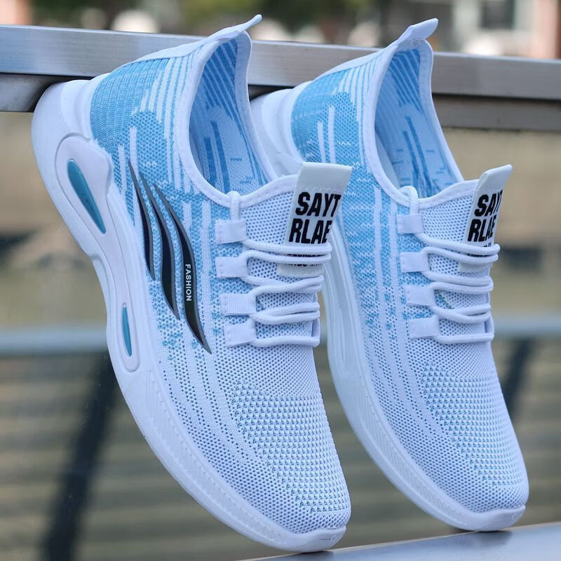 夏季透气薄款网鞋男飞织网面运动休闲鞋软底一脚蹬懒人椰子鞋 天蓝色