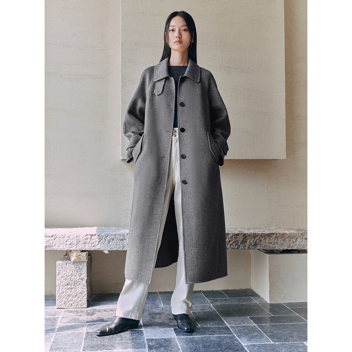 太平鸟大师甄绒系列山羊绒翻领双面呢大衣女2024冬装新款灰色外套 灰色1 S