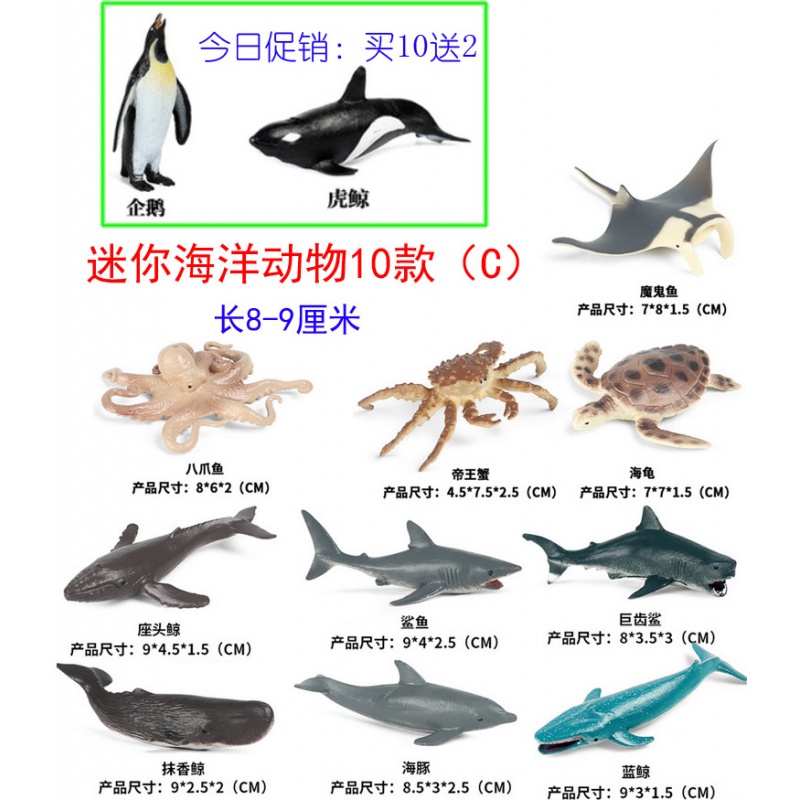 凯史软胶巨齿鲨玩具空心硬塑料鲨鱼锤头鲨双髻鲨虎鲨大白鲨仿真模型 迷你海洋动物10个(长8.5cm)