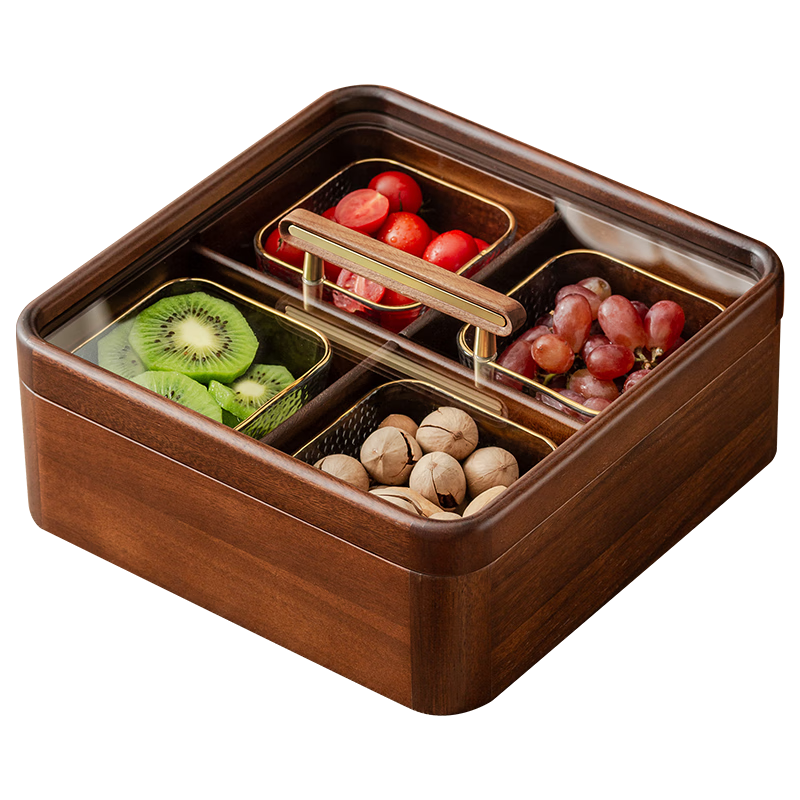 木雅軒干果盤實木干果盒瓜子糖果盤分格水果盤客廳干果收納盒果盤零食盤 胡桃木單層+4玻璃碗