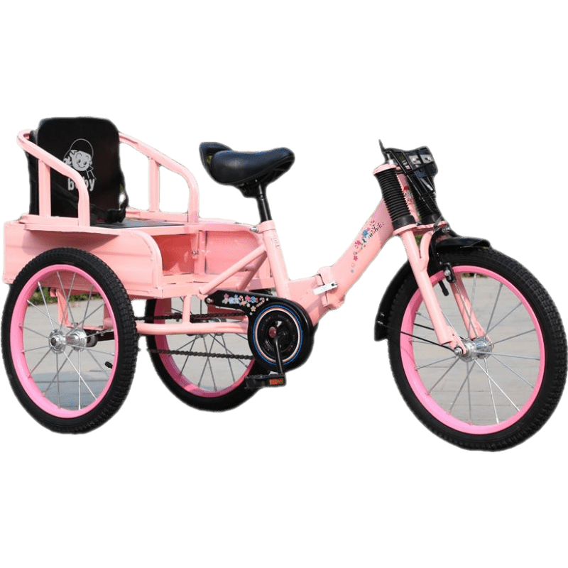 babypure shine兒童三輪車腳踏車帶后坐2-12歲雙人座折疊三輪車雙胞胎寶寶童車 16寸頂配 粉色 身高95-120厘米