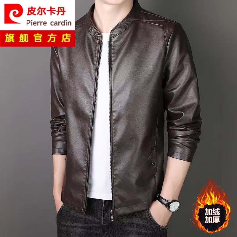 皮尔卡丹（pierre cardin）新款真皮皮衣男修身立领外套商务休闲大码皮夹克上衣爸爸装针织 8055黑色 6XL 205-220斤