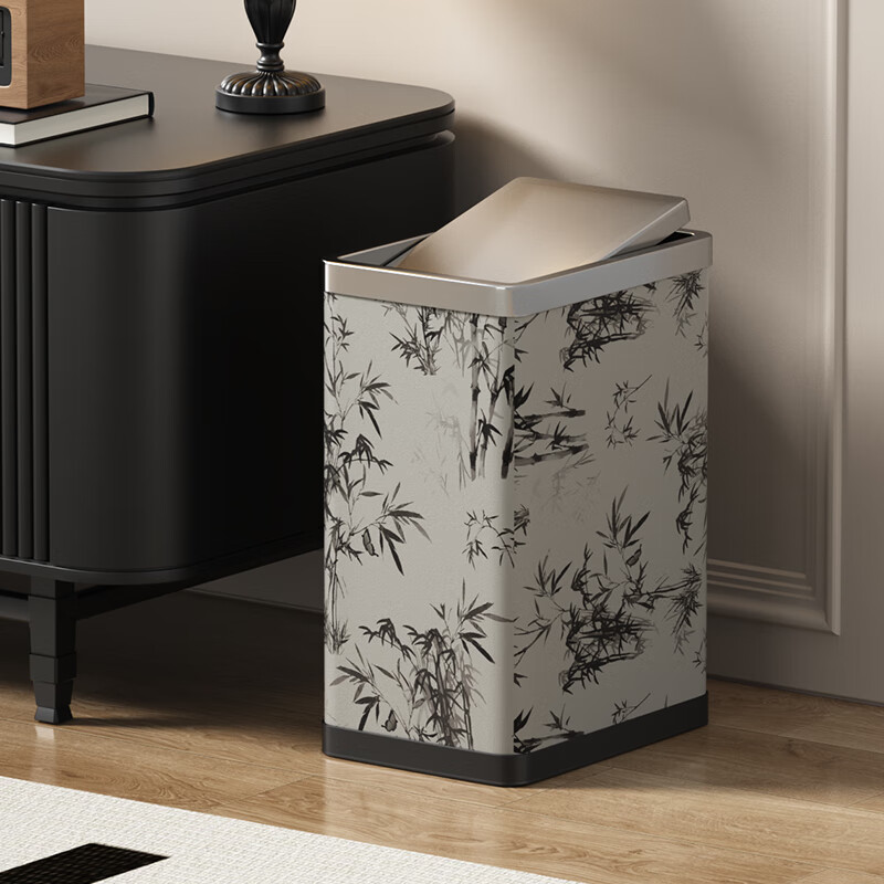 科灵卫生间垃圾桶客厅厕所洗手间卧室夹缝大号不锈钢带盖家用2025新款 国风竹纹/ 方形摇盖 10L 【窄型款】