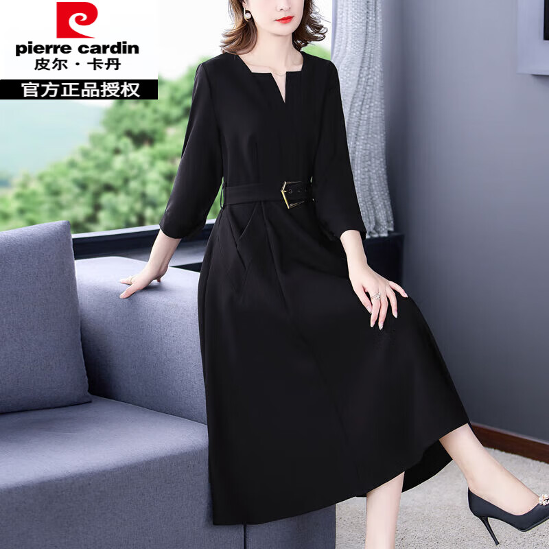 职业连衣裙女春季新款七分袖显瘦a字裙中年女装 法国品牌黑色品质好货