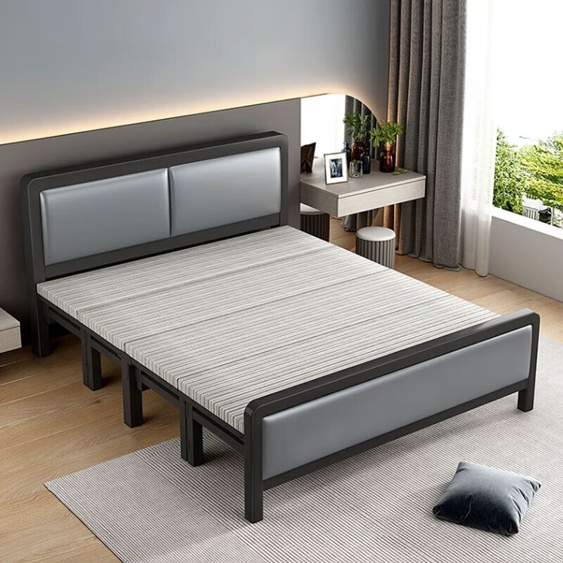 木叶间折叠床 出租房用现代简约单人铁架床家用简易铁艺双人床 雅致黑 宽1.8米 软包+加厚床头