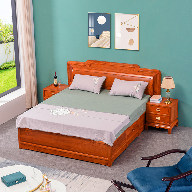 梨言 红木家具缅甸花梨(学名:大果紫檀)双人床大床卧室 新中式1.