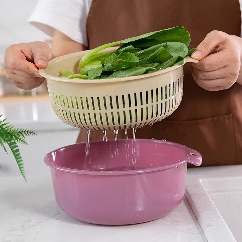 胖东来同款品质代购洗菜篮沥水篮双层洗菜盆厨房沥水神器家用多功 加厚淘沥合一特大号【2件套】