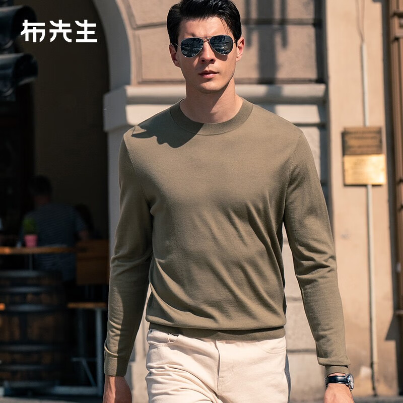 布先生佟大为明星同款秋冬可机洗毛T羊毛衫东方简奢风男士毛衣针织打底 【圆·领】白桦绿 L/175